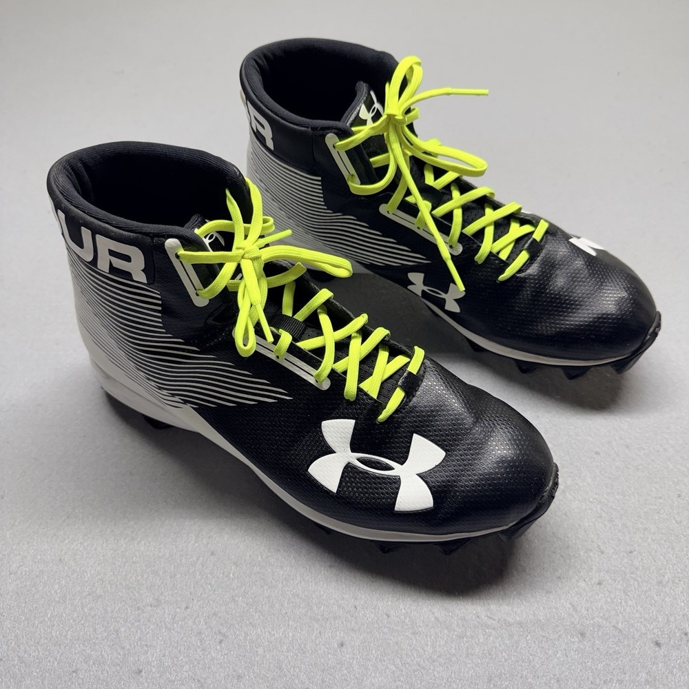 Under Armour Mid-Top Football Cleats Black/White w Neon Yellow‎ Laces Men's 11.5